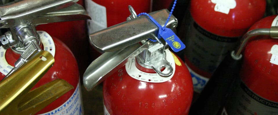 Serviced fire extinguishers with inspection seals