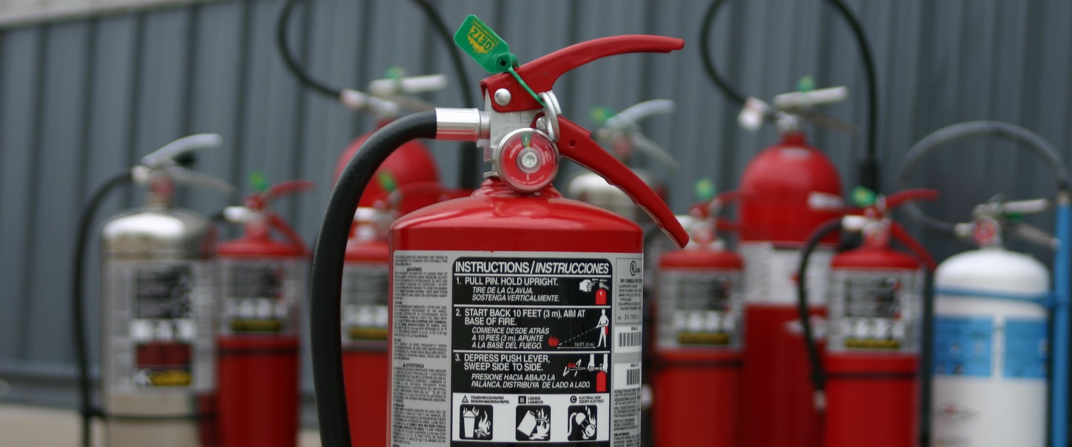 A row of serviced fire extinguishers with inspection tags